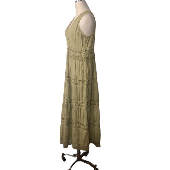 Boho Maxi Dress Green Cotton Crochet Lace Pullover Sundress - Picture 3 of 15